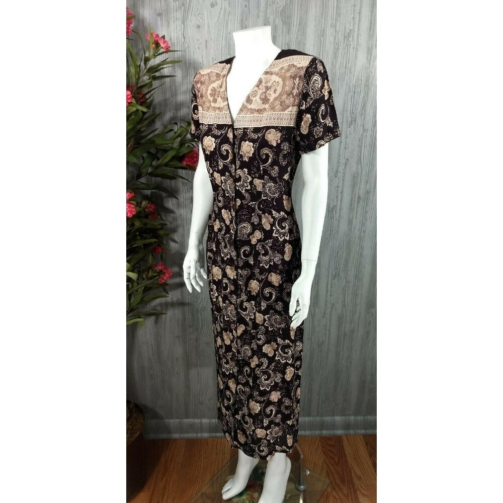 90s All That Jazz Maxi Dress Floral Brown Button Front Rayon V-Neck vintage